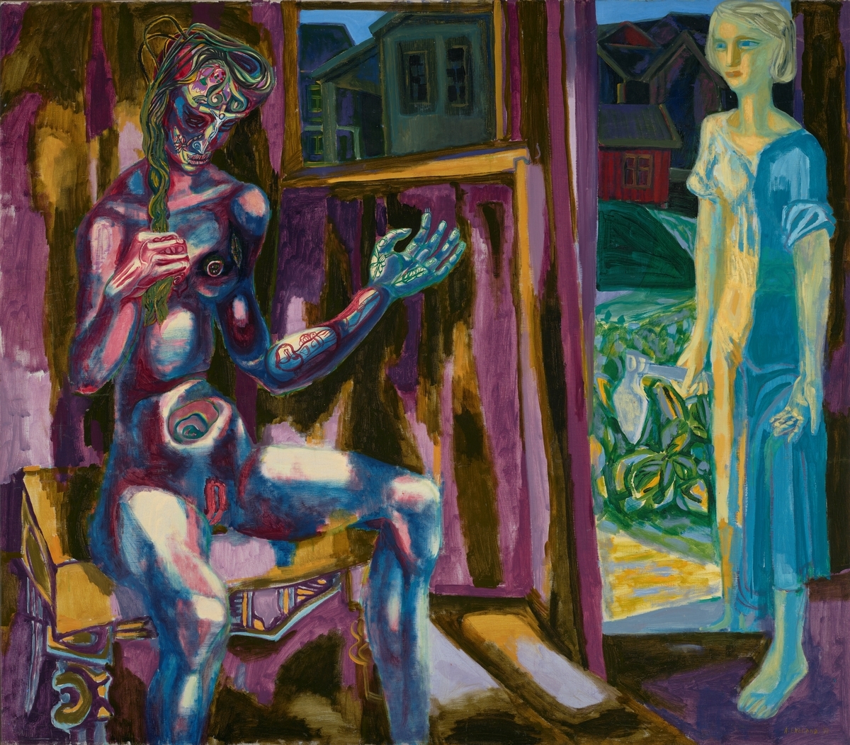 Oljemaleri av Arne Ekeland, 'Kom ut i solen', malt i 1937, del av Halvdan Hafstens samling. Verket måler 126 x 142 cm og er utført på lerret.
