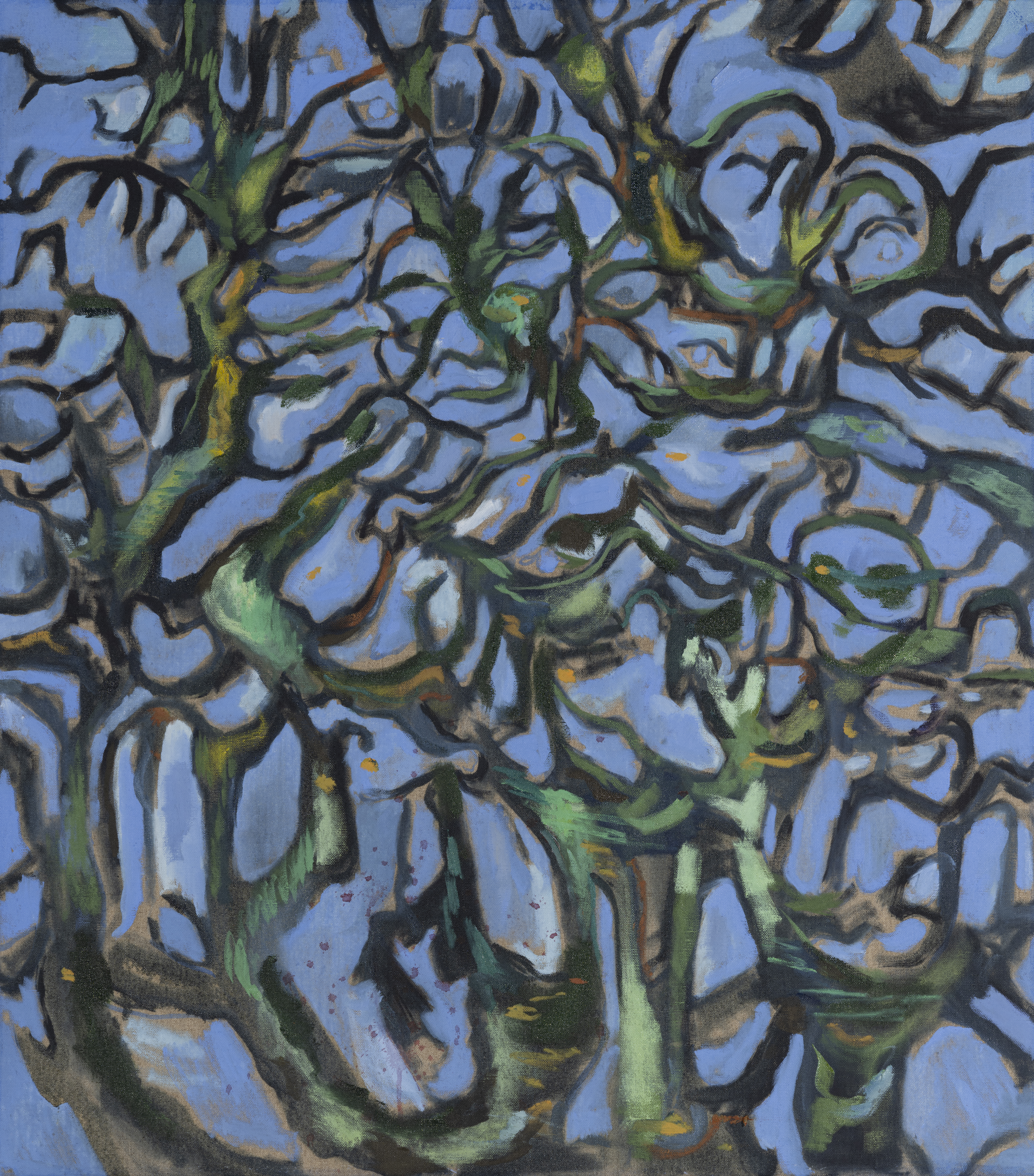 Oljemaleri av Andreas Siqueland, 'Blue reflection I', malt i 2023. Kunstverket måler 84 x 75 cm og fremstiller abstrakte former og nyanser av blått på lerret.